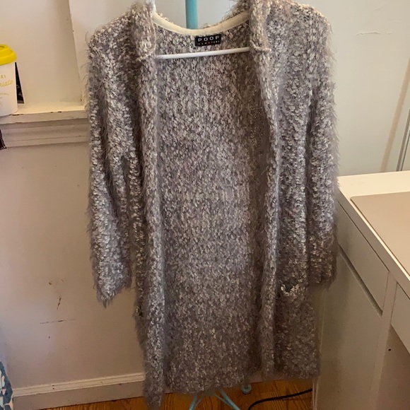 Poof Apparel New York Grey and White Cardigan - Picture 1 of 6